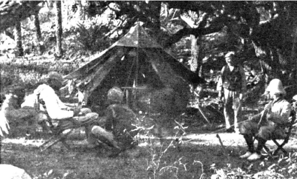 At camp on Socotra: Theodore, Ammar, Manthaios and Ernest Bennett. From the Bents' Southern Arabia (1900). Image © The Bent Archive